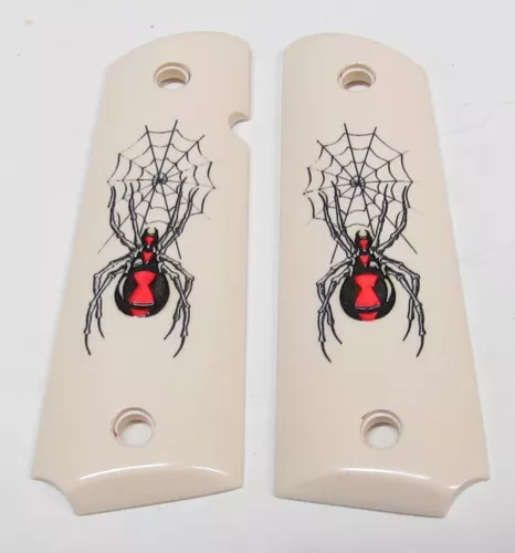 1911 Full Size Frame Classic Panel Bonded Ivory Black Widow Scrimshaw
