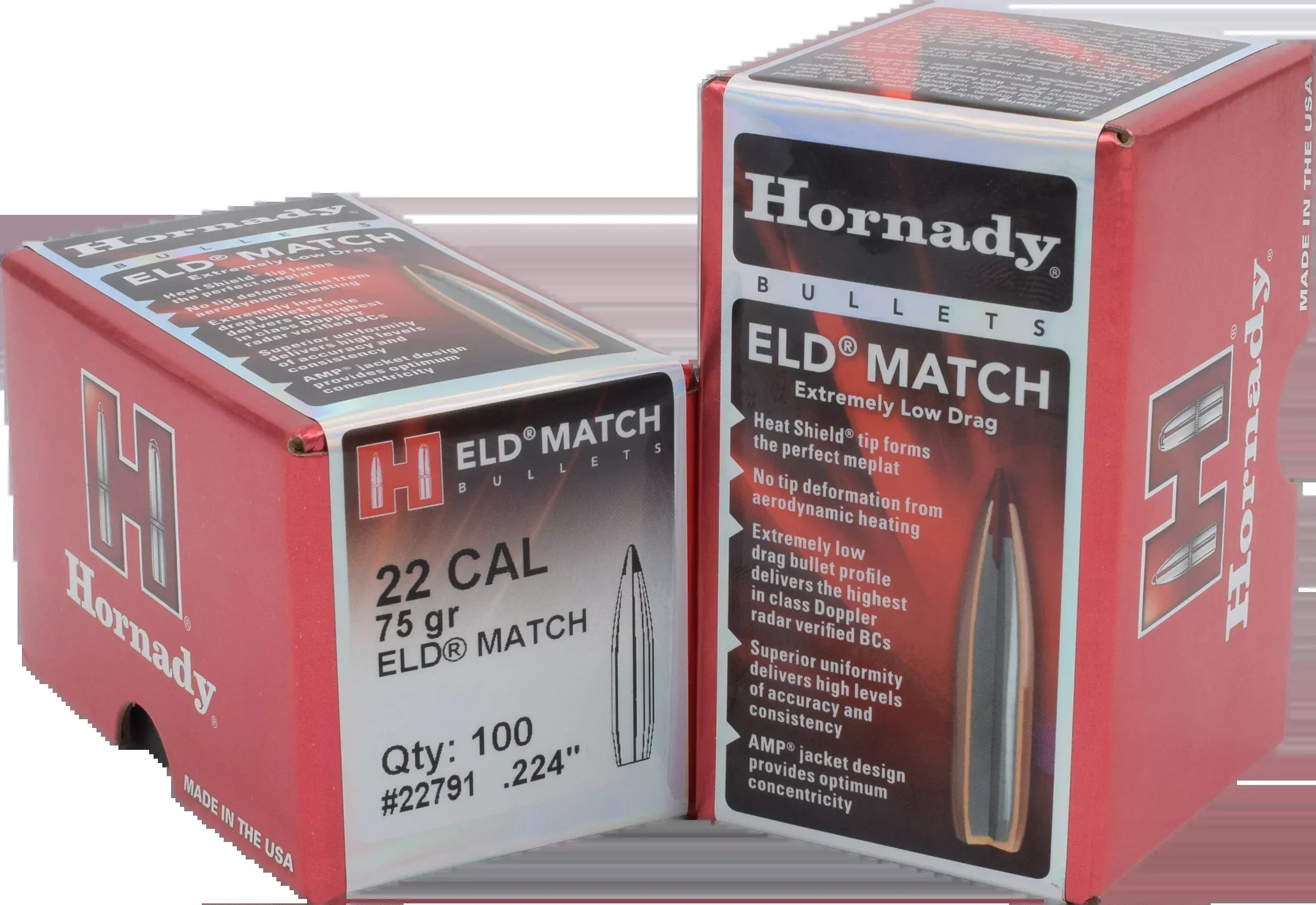 Hornady ELD Match .22 Cal .224 75 gr Polymer Tip Reloading Bullets - 100/Box